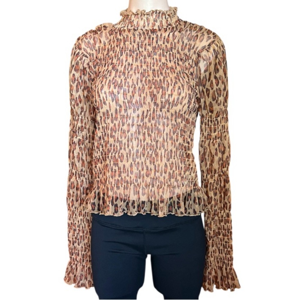 Free People Leopard Combo Ruffled Fitted Blouse Women’s L NWT